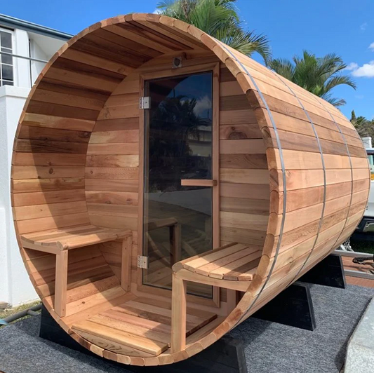 OasisLux 6 Person Large Size Outdoor Traditional Cedar Barrel Sauna 6kw Electric Stove Wood Barrel Sauna