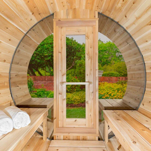 Oasislux 2-4 Person Traditional Outdoor Panoramic Barrel Sauna with Glass Front