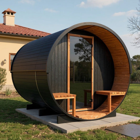 Oasislux stylish black barrel 4-person outdoor sauna with porch